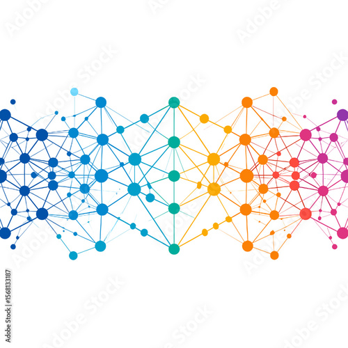 Abstract Colorful Network of Connected Dots on White Background with Geometric Shapes in Modern Design
