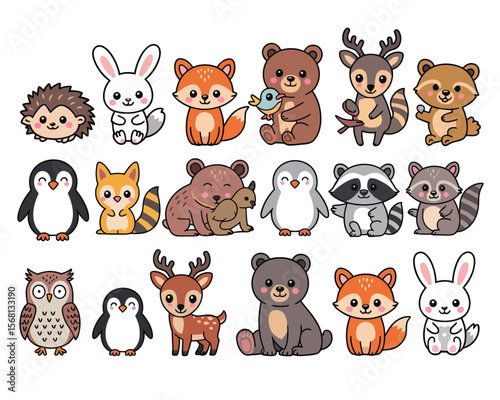 Whimsical Woodland Creatures: A delightful assortment of adorable woodland creatures, each brimming with charm and personality, in a vibrant and inviting scene, evoking a sense of wonder and delight.