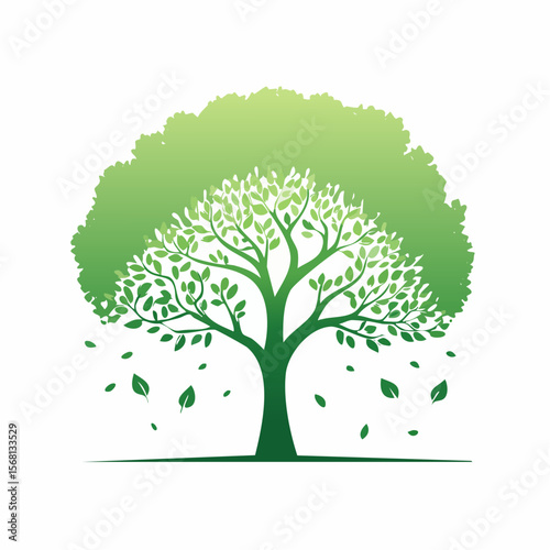 Green Tree with Falling Leaves in the Wind