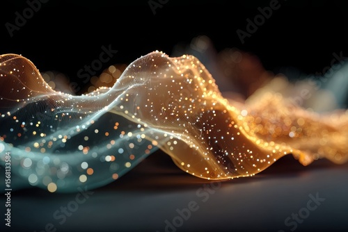 Abstract shimmering golden wave with glowing light particles on transparent background