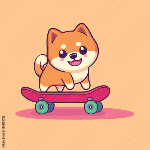 Cute Shiba Inu Dog Riding Skateboard Cartoon Vector Illustration Isolated on Background
