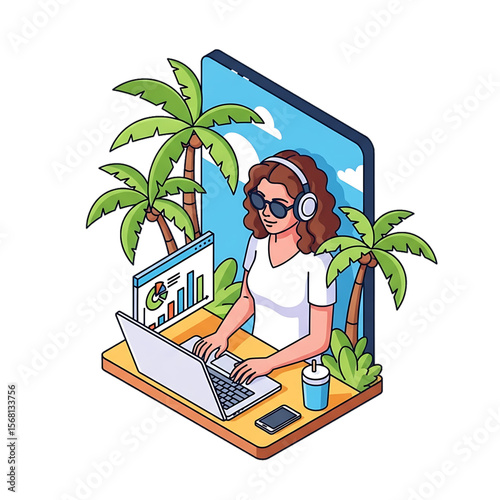 Woman working remotely in a tropical outdoor setup.