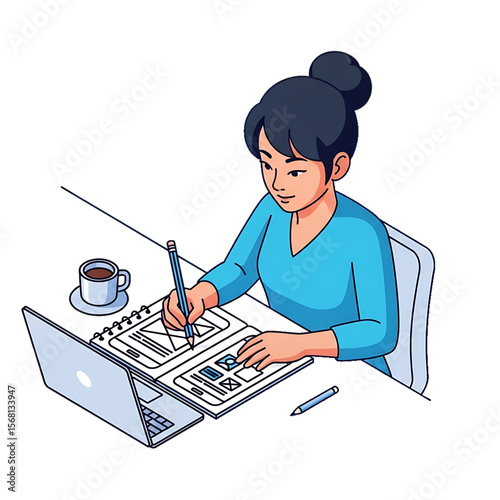 Freelancer working on laptop with coffee.