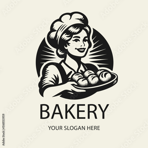 Black and white flat vector logo of a smiling female baker holding a tray of buns. Perfect for bakery branding, pastry shops, or baking-related designs.