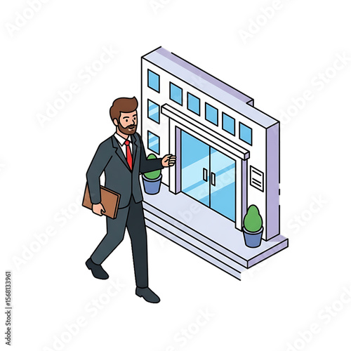 Businessman entering modern office building.