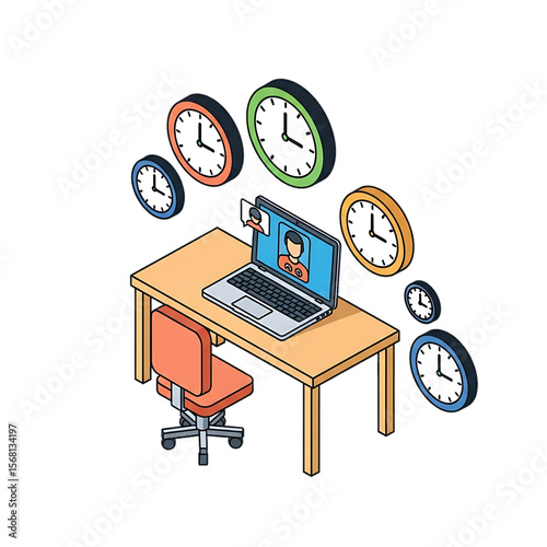 Remote work desk with global time clocks.