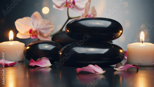 Relaxing spa stones and orchids, perfect for wellness imagery.