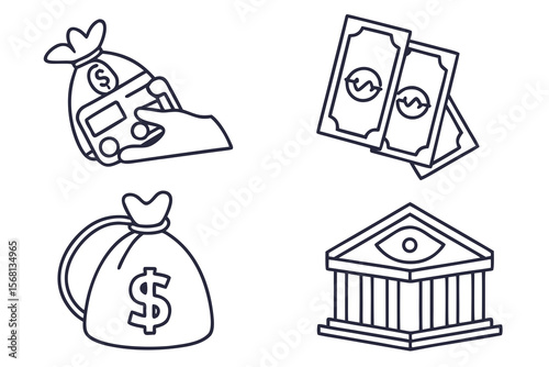 Set of 4 doodle icons for payday loans. White background.