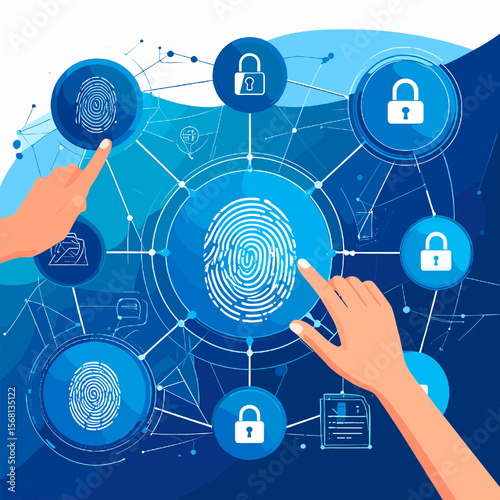Abstract Fingerprint Authentication Security System with Blue and White Futuristic Design and Hand Interaction