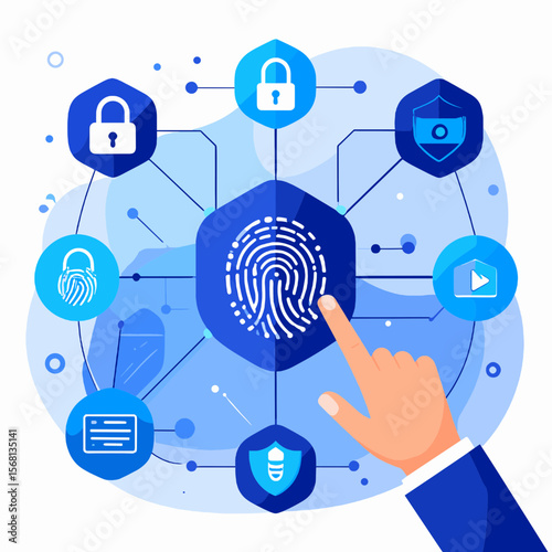 Abstract Fingerprint Security System with Hand Graphic Lock Shield and Data Protection in Blue and White Tones on a White Background