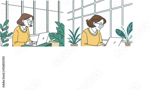 woman with brown hair wearing a yellow sweater and glasses, smiling while working on a laptop in a modern office setting with plants and glass walls.