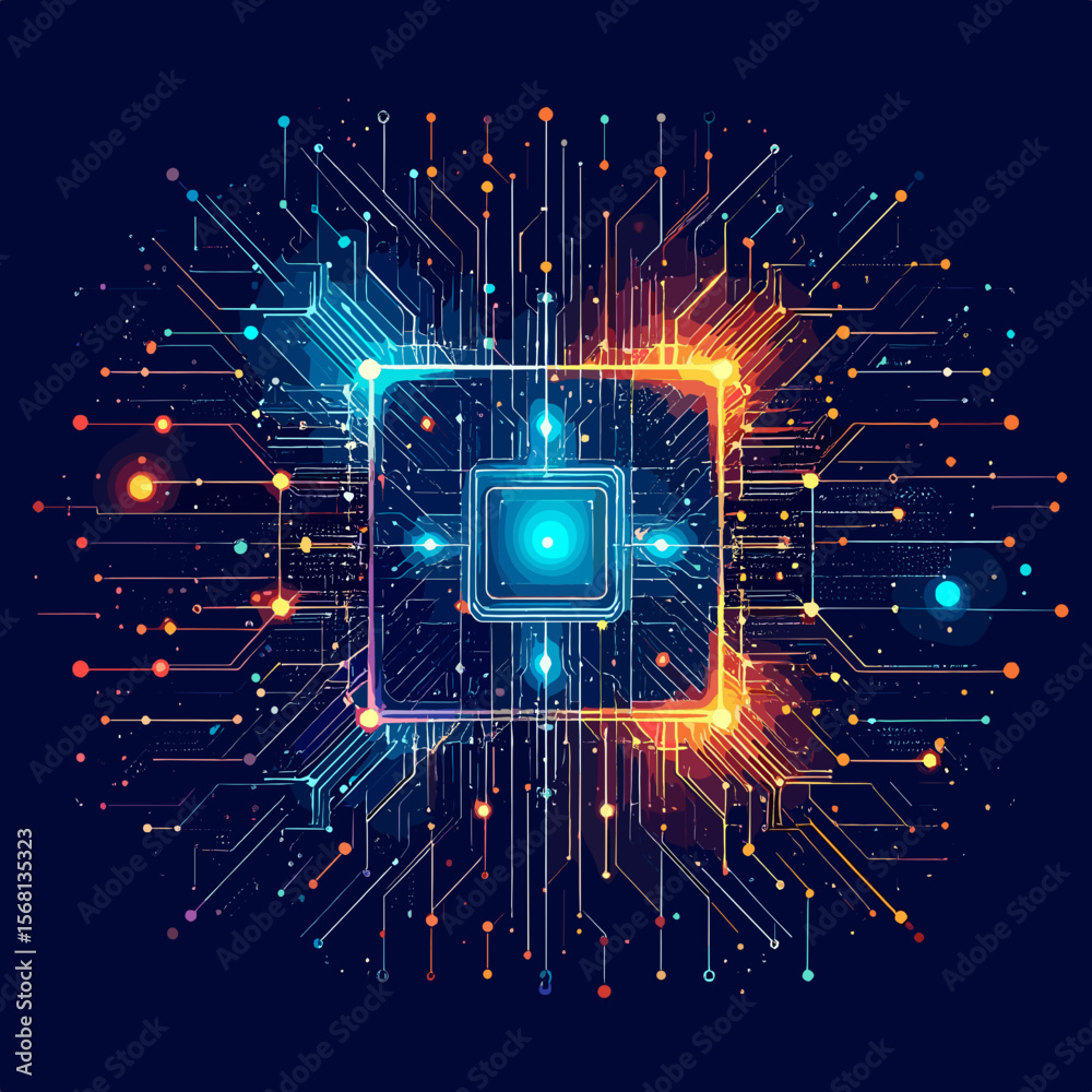Abstract Futuristic Technology Concept with Glowing Circuit Design on Dark Blue Background Representing Artificial Intelligence and Network Communication