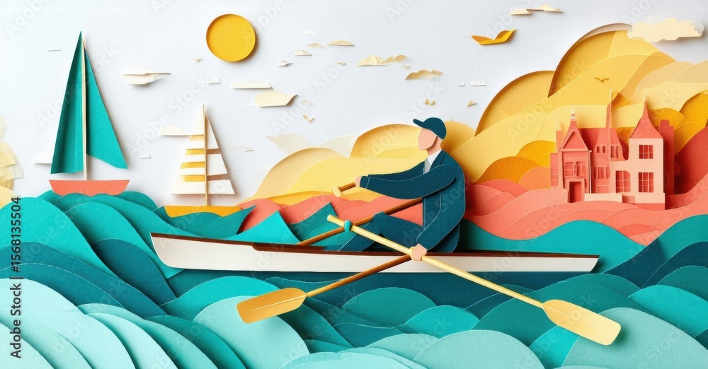 Fototapeta premium Papercraft scene depicts rowing boat near coastal town. Sunny day, calm waters, layered paper art style. Peaceful, idyllic moment.