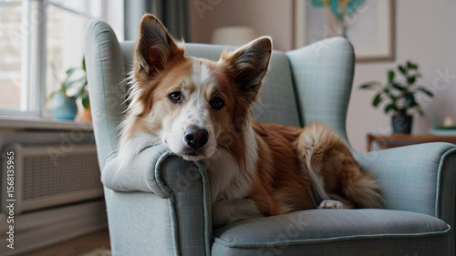 A relaxed dog rests comfortably in a light teal armchair.
