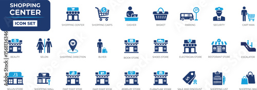 Shopping center icon set. Solid icon collection design.