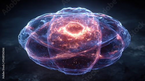 Electron cloud surrounding a nuclear core, artistic imagination, black background