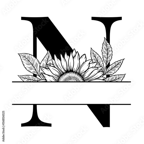 Sunflower split monogram design, alphabet letter N decorated with floral illustration. Perfect for personalized gifts, farmhouse decor, wedding initials, laser cut file, family sign, and DIY crafts.