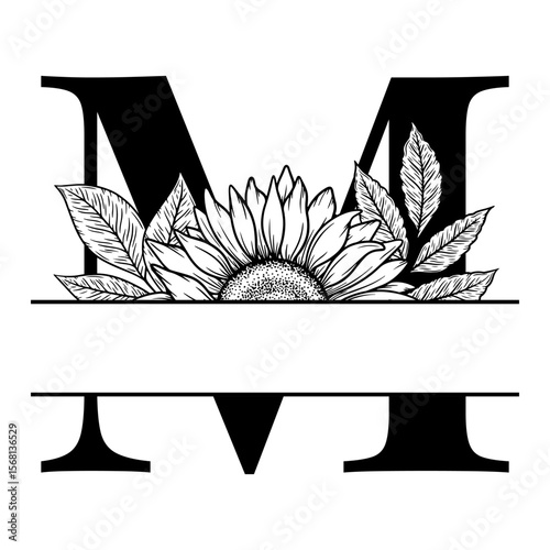 Sunflower split monogram design, alphabet letter M decorated with floral illustration. Perfect for personalized gifts, farmhouse decor, wedding initials, laser cut file, family sign, and DIY crafts.