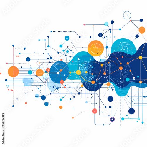 Abstract Network Connection Background with Blue Waves and Geometric Shapes Dots and Lines in White Background