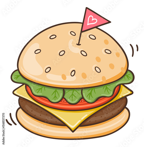 This illustration is a cute vector image of a cheeseburger with a small flag on top. It is perfect for content related to food, fast food, lunch, snacks, and culinary themes
