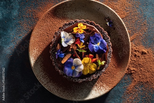 Chocolate Tart with Edible Flowers and Cocoa Powder Styling