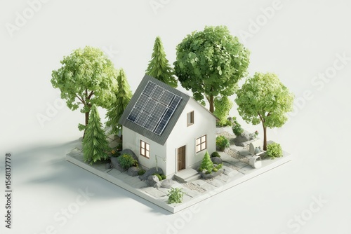 Miniature Eco House with Solar Panels and Lush Garden Landscape