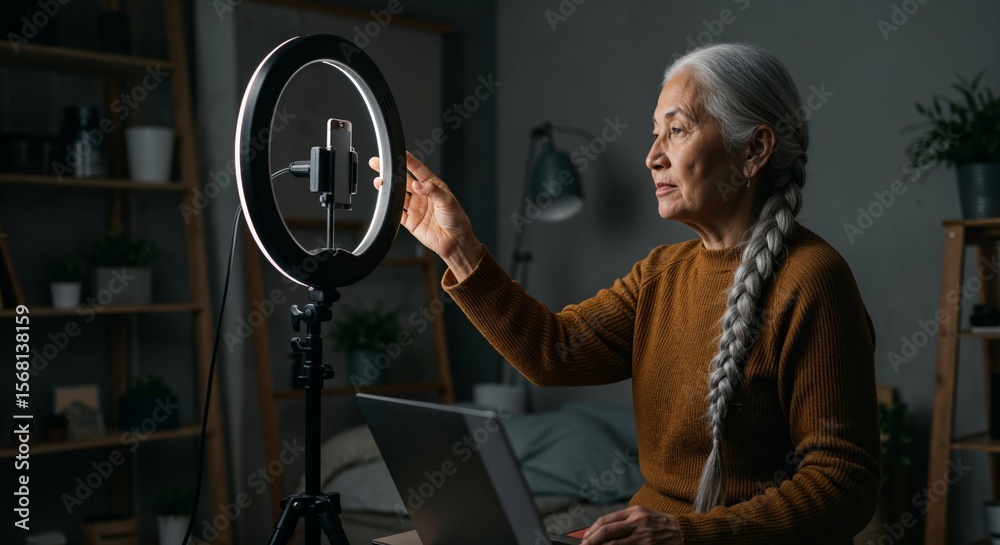 Fototapeta premium Elderly Indigenous woman with long silver braid setting up ring light to film vlog in home studio