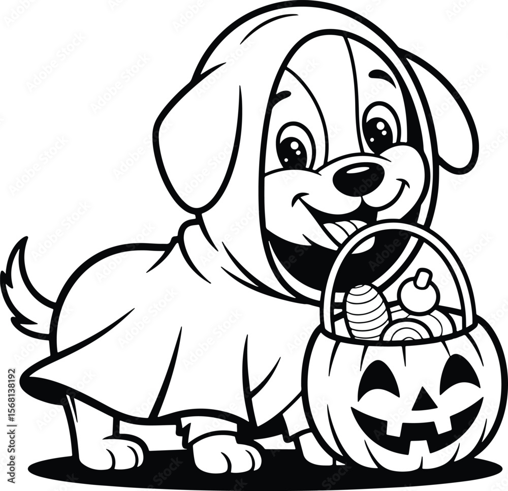 Obraz premium ghost puppy with a pumpkin candy basket, perfect for Halloween, trick-or-treating, and spooky cute designs.
