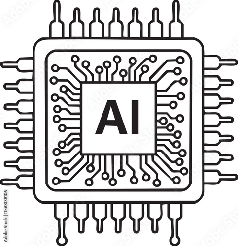 Artificial Intelligence (AI) Chip Vector Icon, Processor, Microchip, Machine Learning, Brain, Technology, CPU