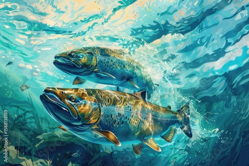 Vibrant Color Visual of Colorful Painting of Chinook Salmon Swimming in River