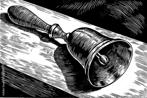 handbell with wooden handle and brass top, perfect for school-themed or ceremonial illustration a black and white line art illustration
