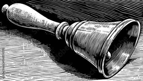 handbell with wooden handle and brass top, perfect for school-themed or ceremonial illustration a black and white line art illustration