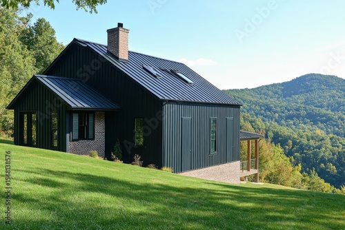 A contemporary black house featuring expansive windows is perfectly nestled within a hillside, embraced by lush green trees and majestic mountains under the radiant daylight