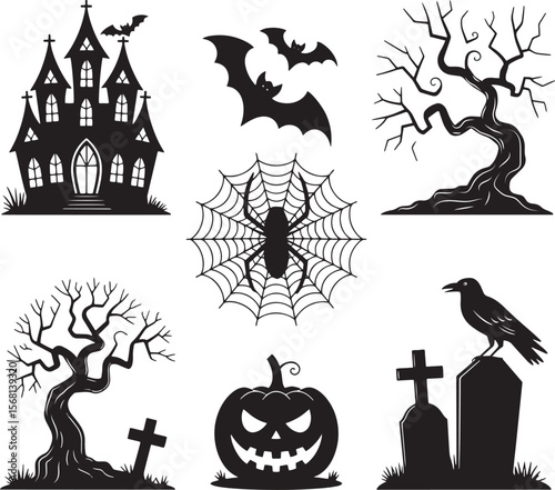 Set of Halloween silhouettes including haunted house, bats, trees, spider, pumpkin, and gravestones, perfect for spooky designs