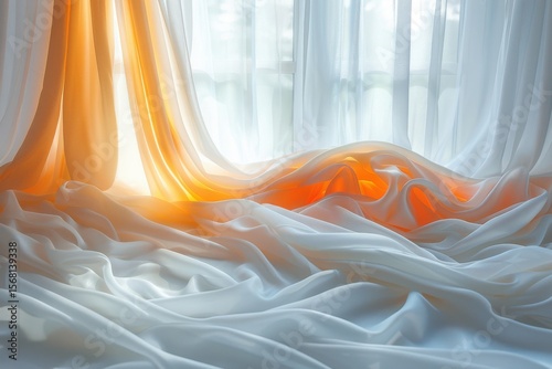 Sheer fabric with sunlight coming through the window pane on transparent background