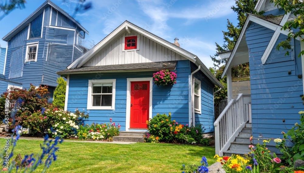 Obraz premium Vibrant blue and white homes with colorful gardens