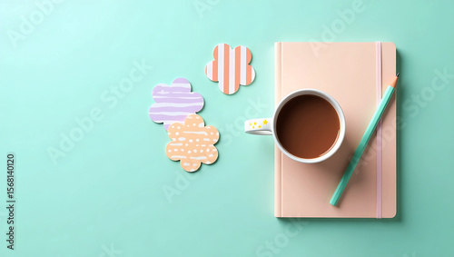 A top down view of a pastel colored notebook with a cup of coffee and decorative flower shapes on a mint green background