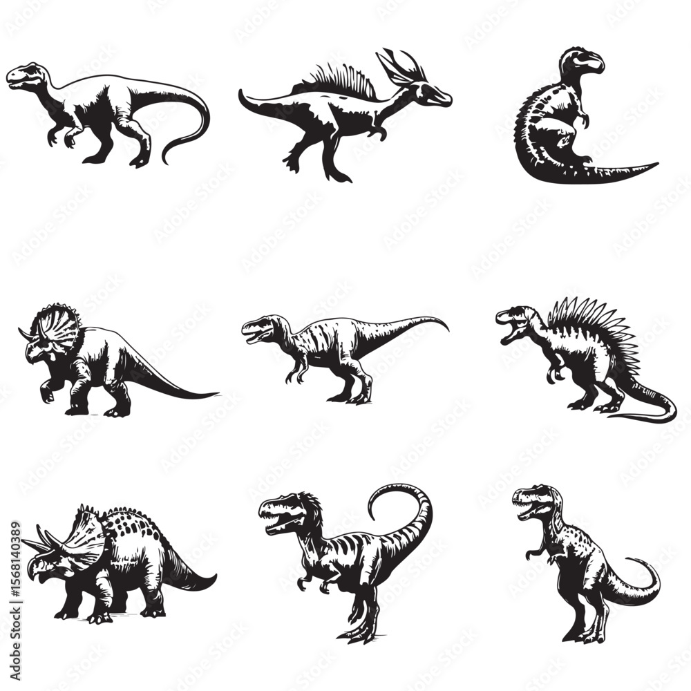 Naklejka premium Set of dinosaurs isolated on white background, vector sketch illustration.