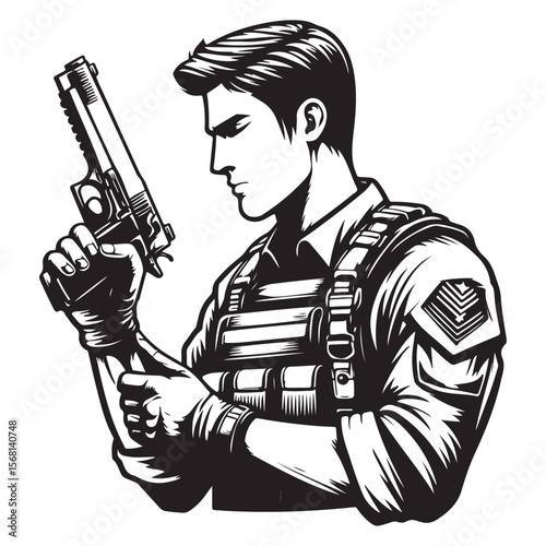 Man in military uniform holding a gun image vector