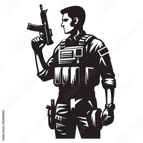 Man in military uniform holding a gun image vector
