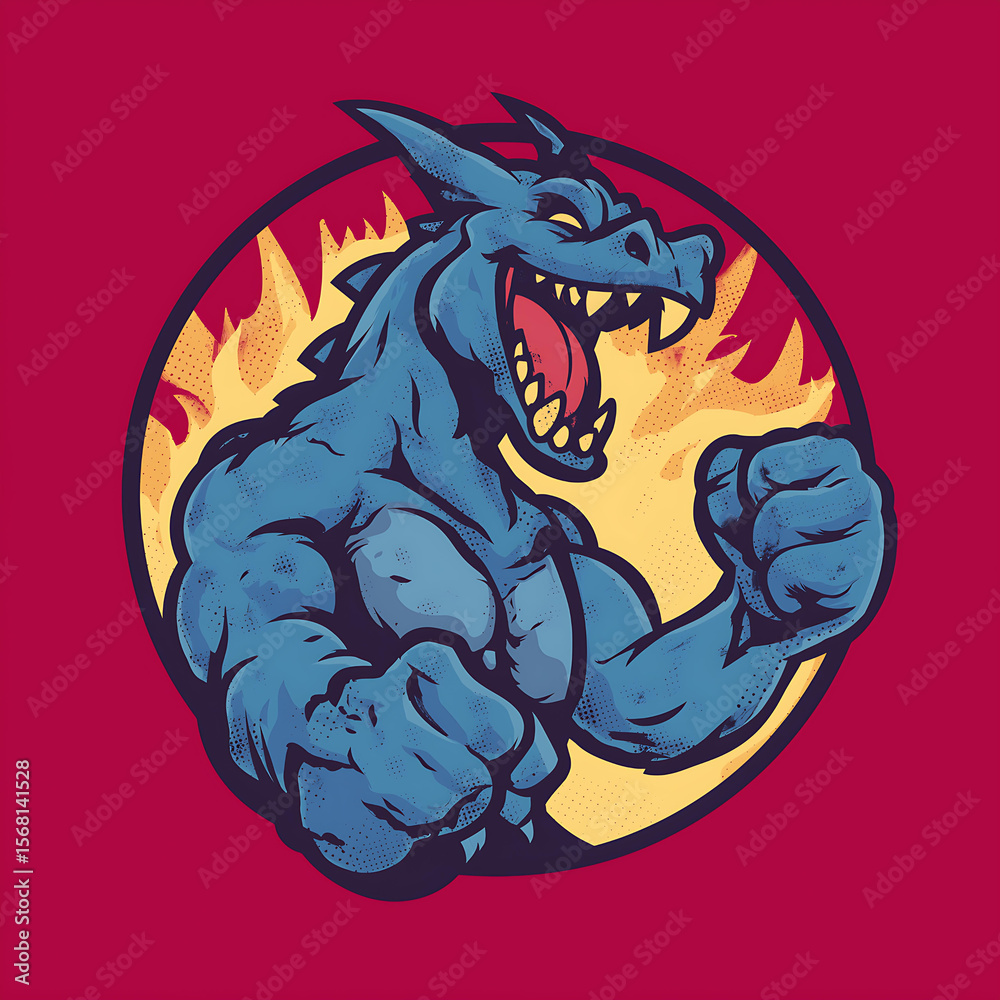 Obraz premium Dynamic Blue Dragon Vector Illustration: Powerful Cartoon Monster in Fiery Flames - Vibrant Fantasy Art for Gaming and Sports Logos