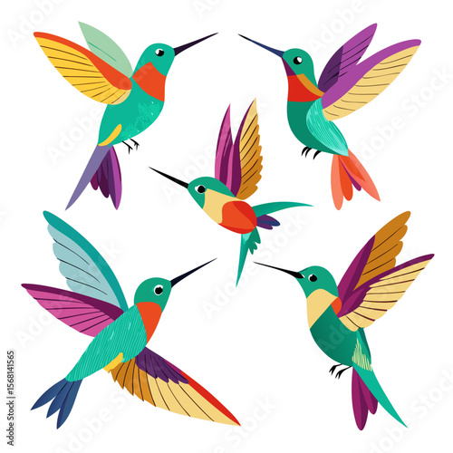 A vibrant collection of five stylized hummingbirds each showcasing a unique and colorful wing pattern set against a clean white background creating a visually appealing
