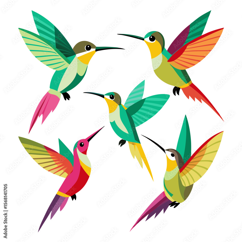 Obraz premium Colorful Geometric Hummingbird Illustration Five stylized hummingbirds with vibrant colors and geometric patterns isolated on a white background showcasing a modern and artistic design aesthetic