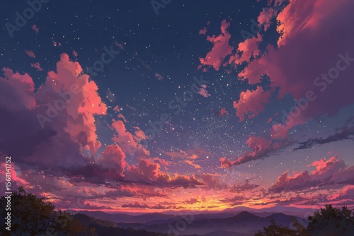 Enchanting twilight skies adorned with stars and a vivid sunset in whimsical anime style for unique and imaginative artwork