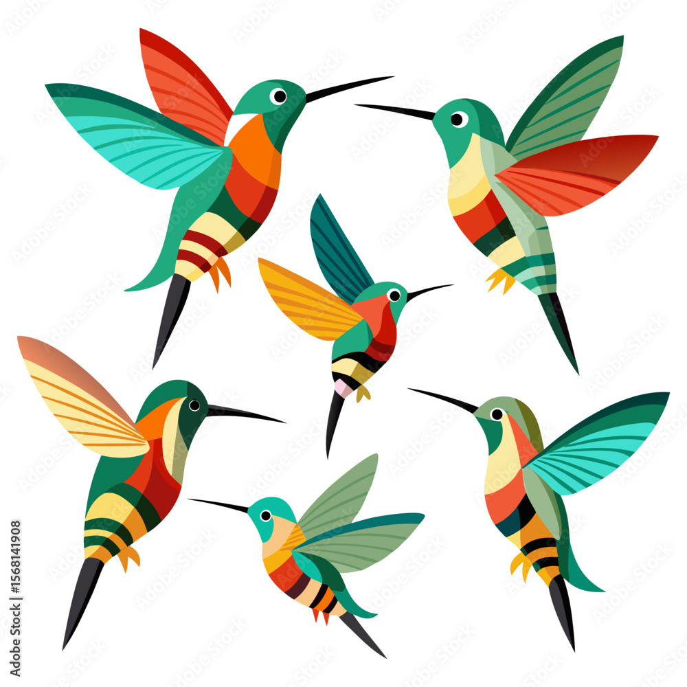 Fototapeta premium A vibrant and colorful illustration showcasing a collection of stylized hummingbirds in various poses each adorned with unique patterns and a bright cheerful color palette