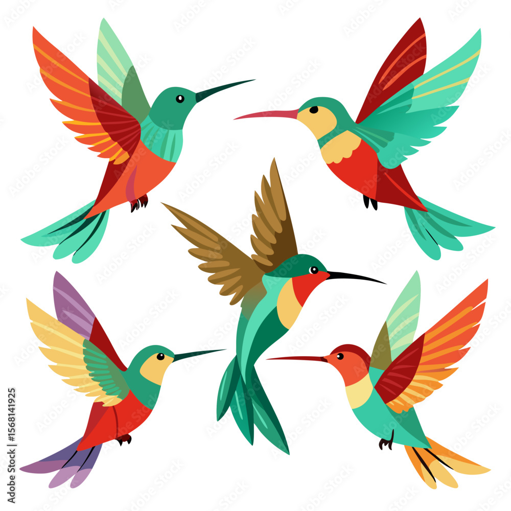 Obraz premium A Vibrant Collection of Hummingbirds in Flight A Colorful and Dynamic Vector Illustration Showcasing the Beauty and Grace of These Tiny Birds Against a Clean