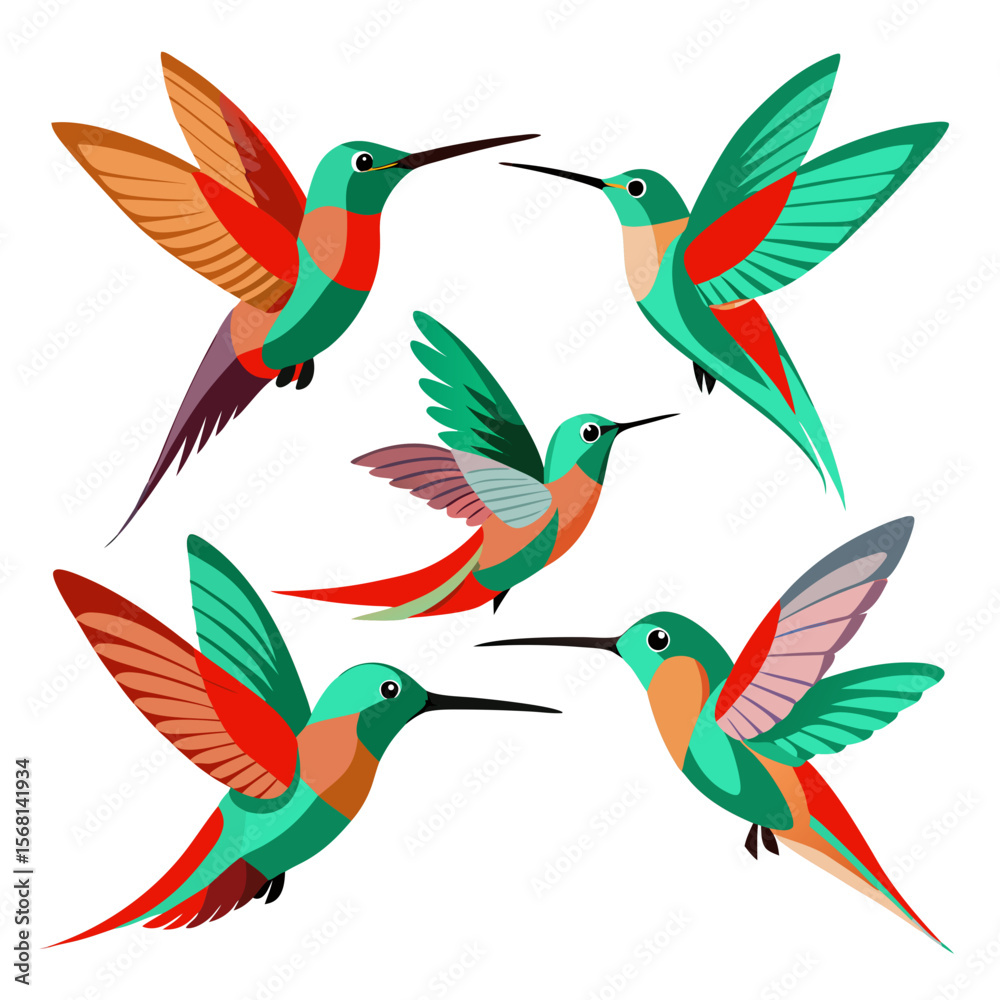 Naklejka premium A Vibrant Collection of Stylized Hummingbirds in Flight A Colorful and Energetic Display of Nature s Tiny Jewels Against a Clean White Background Perfect for