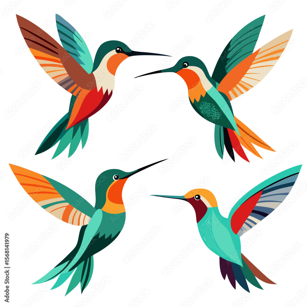 Naklejka premium Colorful Hummingbird Illustration A Vibrant Collection of Four Birds in Flight with Geometric Wing Patterns Perfect for Nature Themed Designs and Artistic Projects on a
