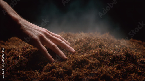 Hand pressing compost pile with visible heat vapor showing natural decomposition process and organic material warmth