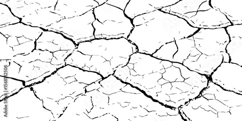 Black and white cracked earth texture, showing dry, broken ground pattern. Ideal for drought, environmental, or natural disaster themes in backgrounds, illustrations, or graphic design.